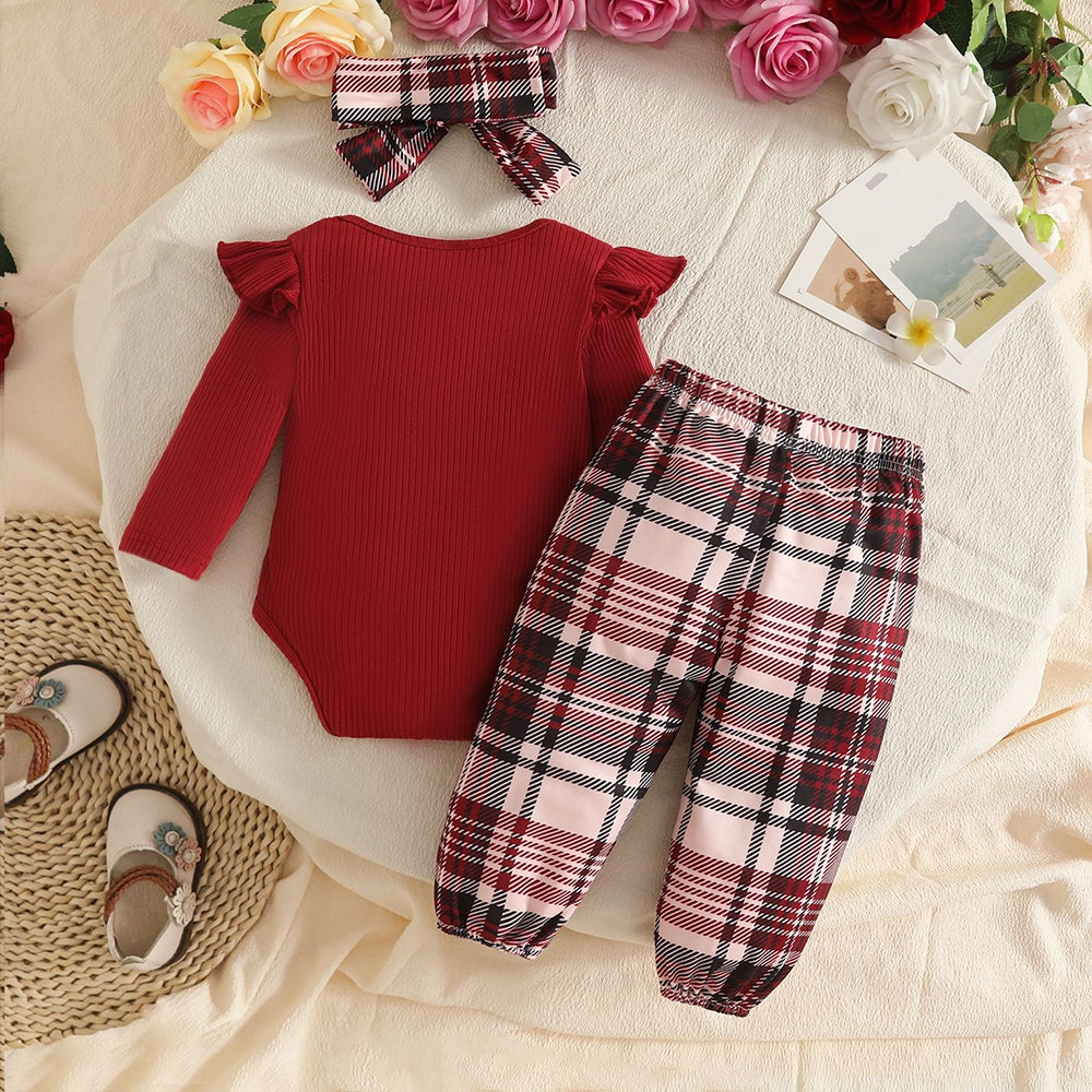 3PCS Endearing Plaid Print Christmas Long Sleeve Baby Girl Set