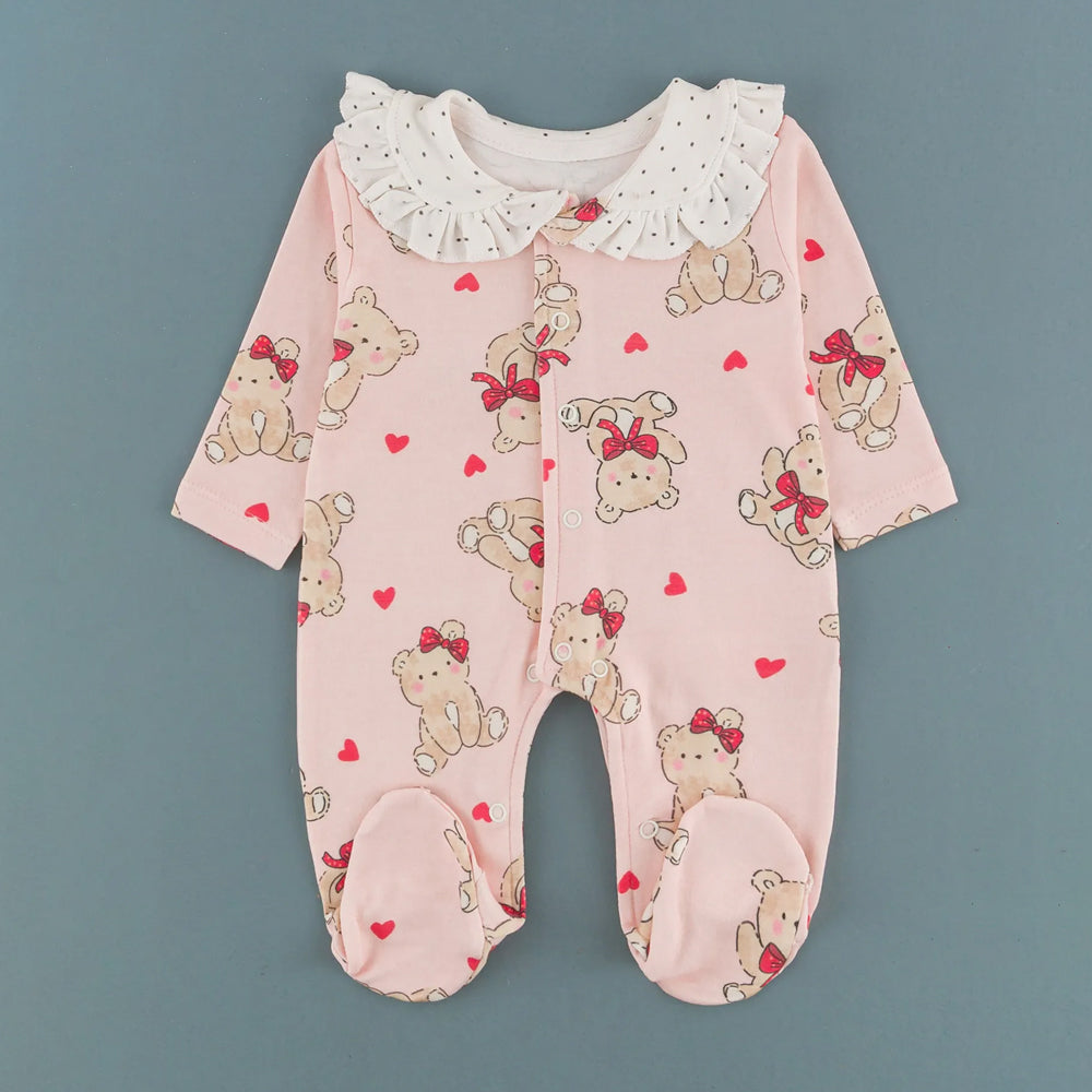 Lively Teddy Bear Heart Print Long Sleeve Baby Girl Jumpsuit
