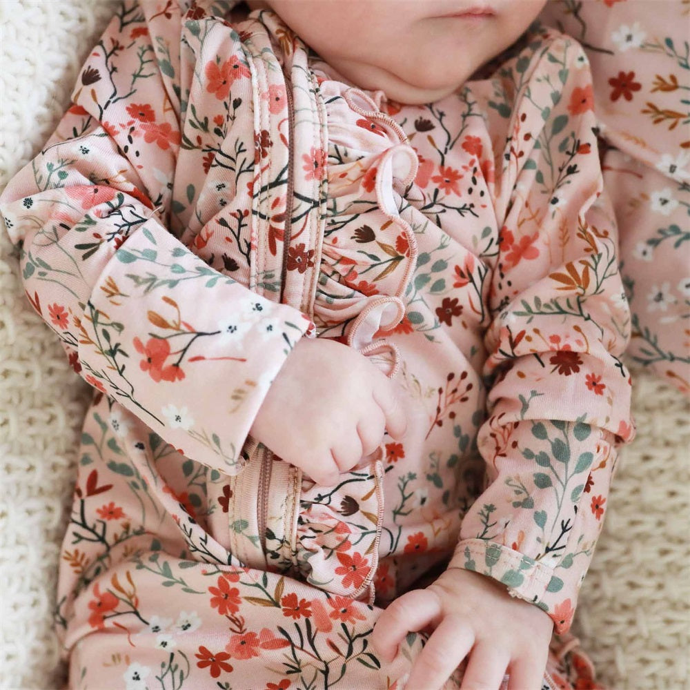 Casual Allover Floral Print Ruffle Long Sleeve Baby Jumpsuit
