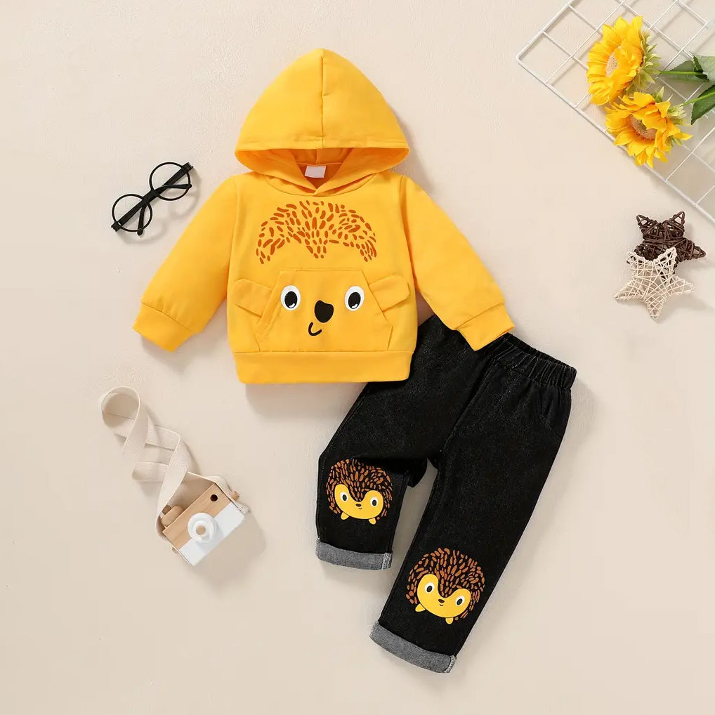 2PCS Cute Hedgehog Printed Hooded Long Sleeve Baby Set