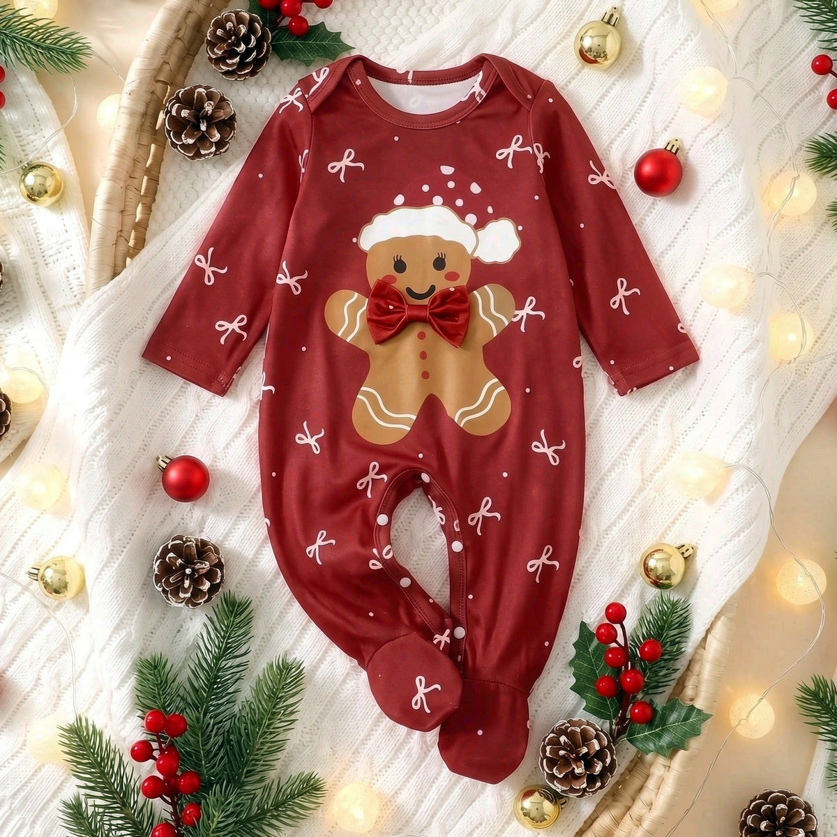 Lovely Gingerbread Man Bow Print Long Sleeve Baby Christmas Jumpsuit