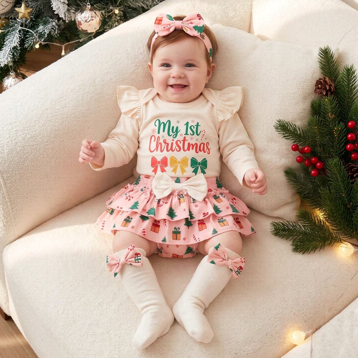 4PCS My 1st Christmas Letter Bow Print Long Sleeve Baby Set