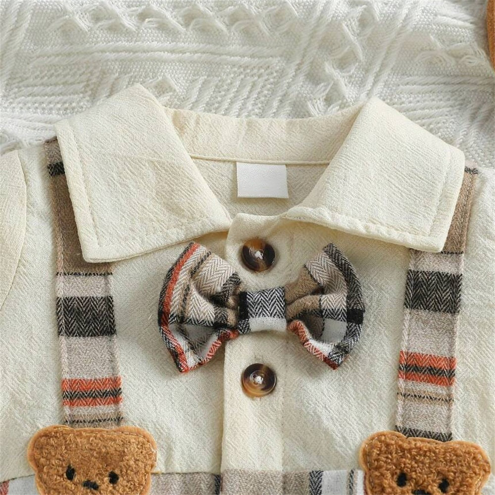 Adorable Bear Appliqué Plaid Print Short Sleeve Baby Jumpsuit