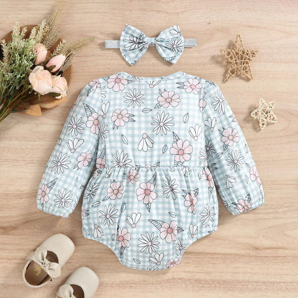 2PCS Plaid Floral Printed Baby Romper