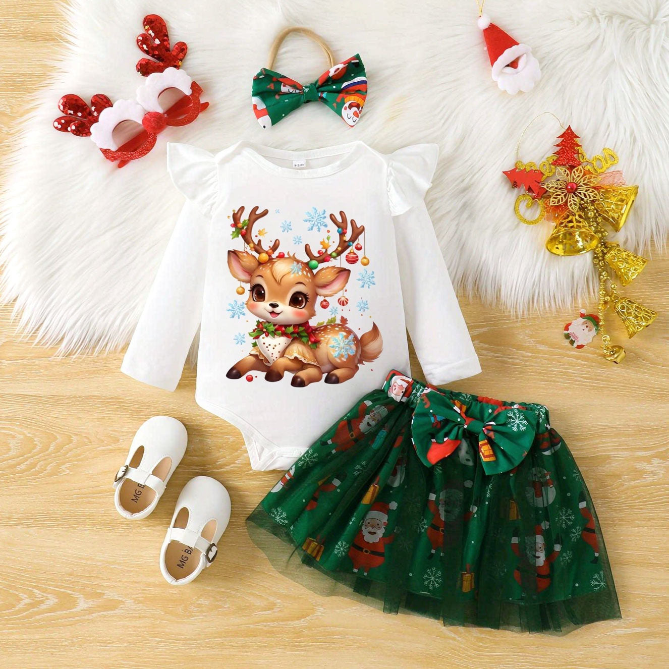 3PCS Cute Christmas Reindeer Printed Tulle Long Sleeve Baby Set