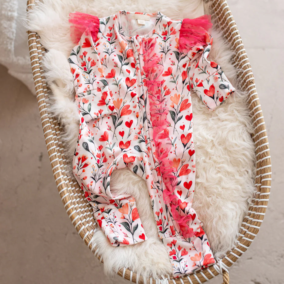 2PCS Vibrant Floral Print Tulle Zipper Long Sleeve Baby Jumpsuit
