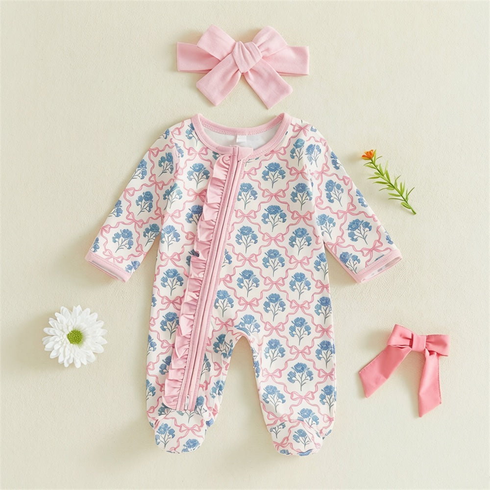 2PCS Adorable Floral Print Ruffle Zipper Long Sleeve Baby Jumpsuit