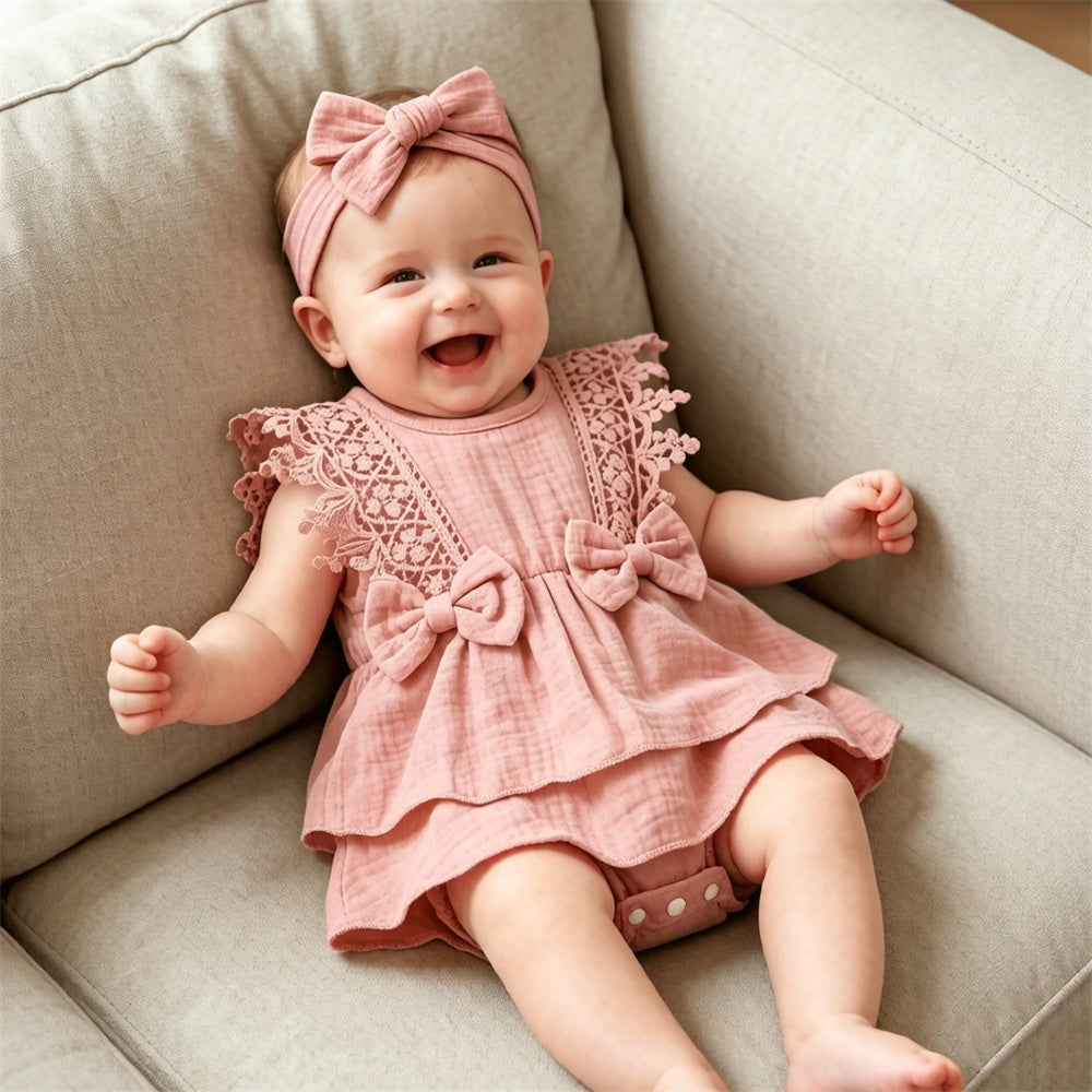 2PCS Pure Solid Color Ruffle Sleeveless Baby Romper
