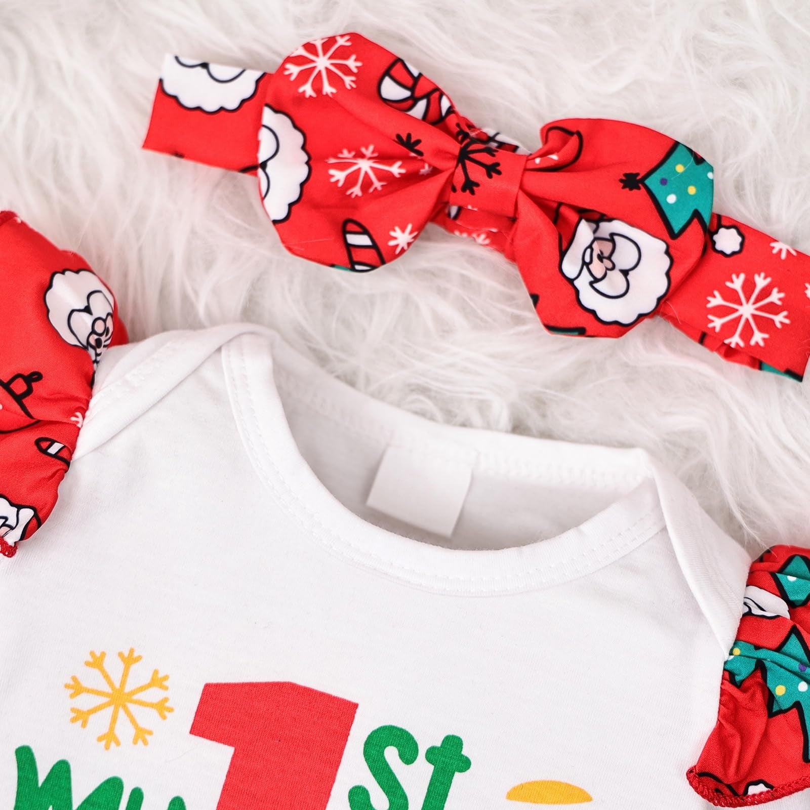 4PCS My 1st Christmas Letter Printed Long Sleeve Ruffled Baby Set