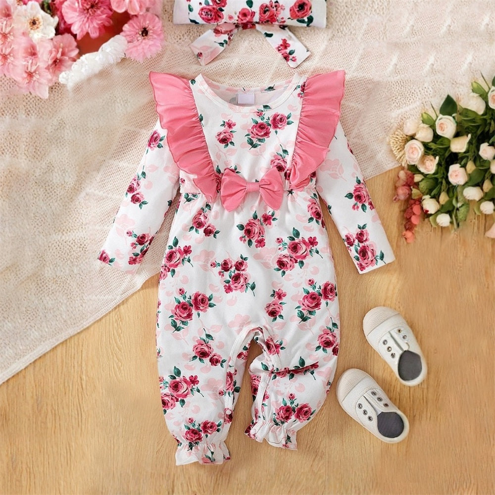 2PCS Casual Cute Floral Print Long Sleeve Baby Jumpsuit