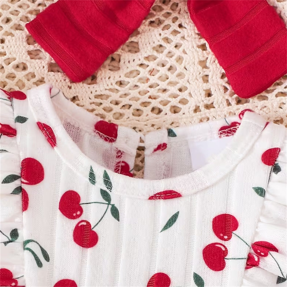 2PCS Timeless Cherry Print Long Sleeve Baby Jumpsuit