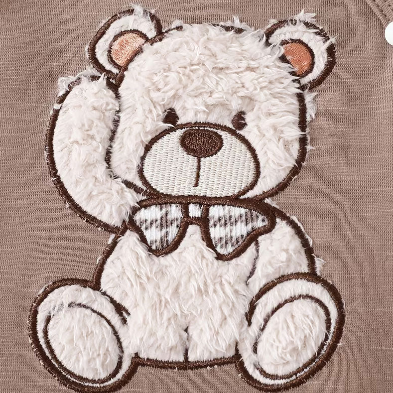 2PCS Bubbly Teddy Bear Appliqué Long Sleeve Baby Jumpsuit