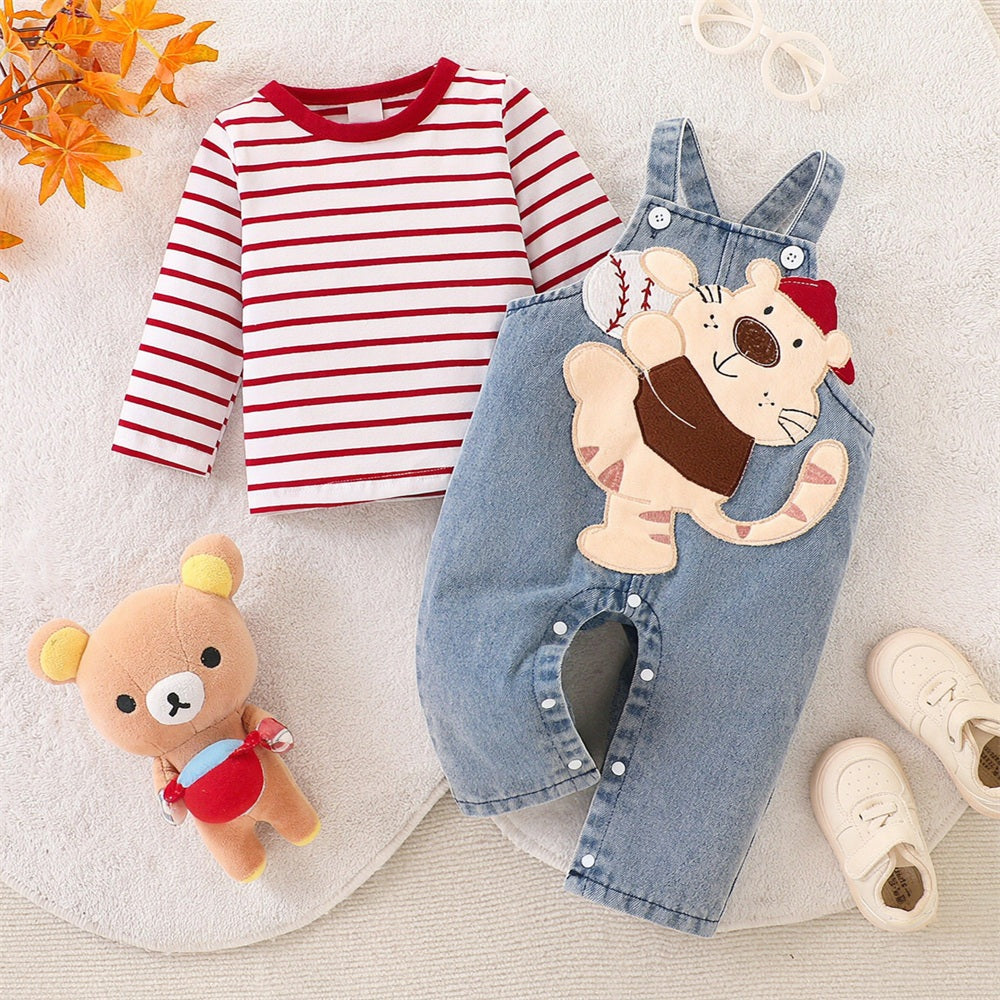 2PCS Tiger Applique Stripe Print Long Sleeve Baby Denim Overalls Set