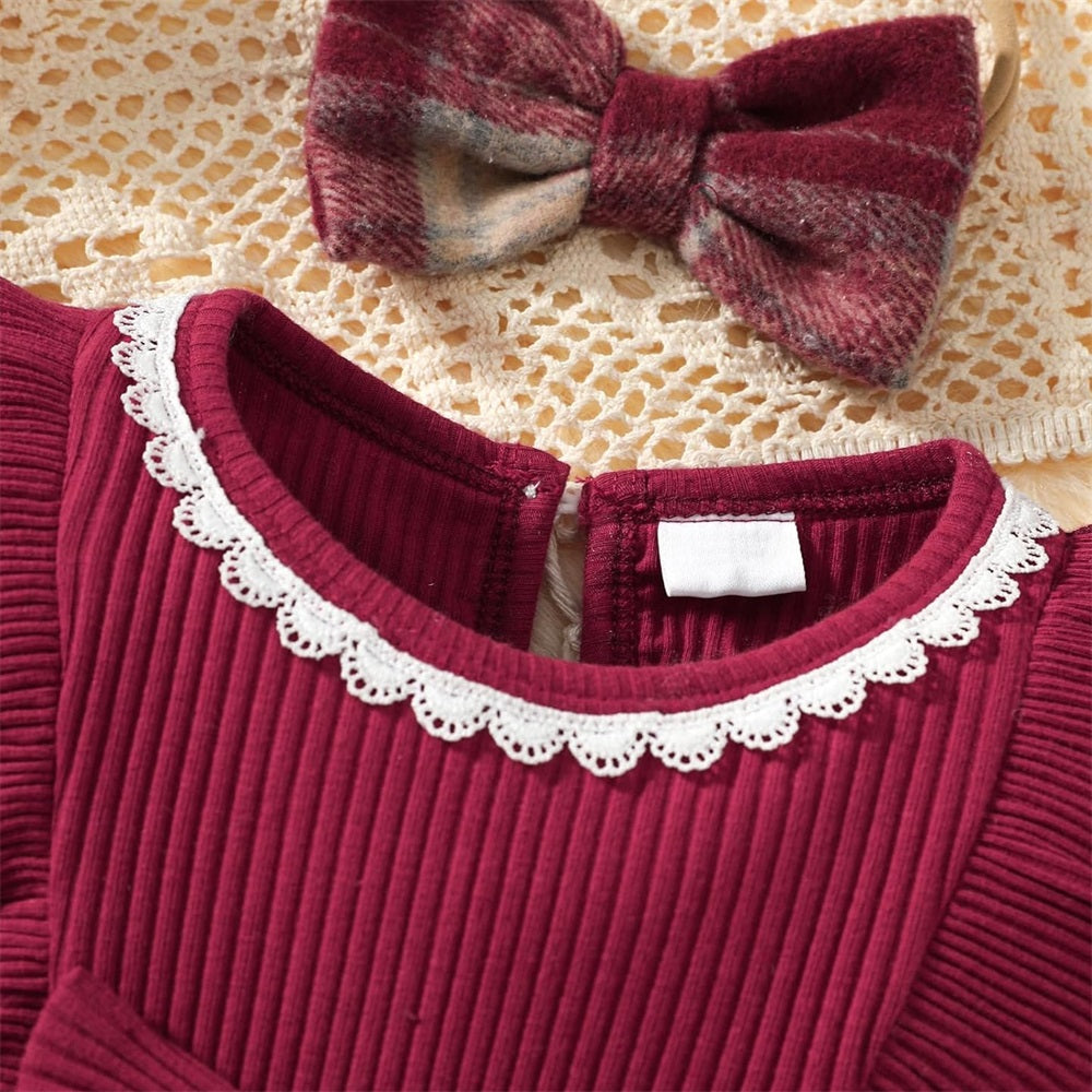 2PCS Fashion Plaid Print Long Sleeve Baby Girl Romper