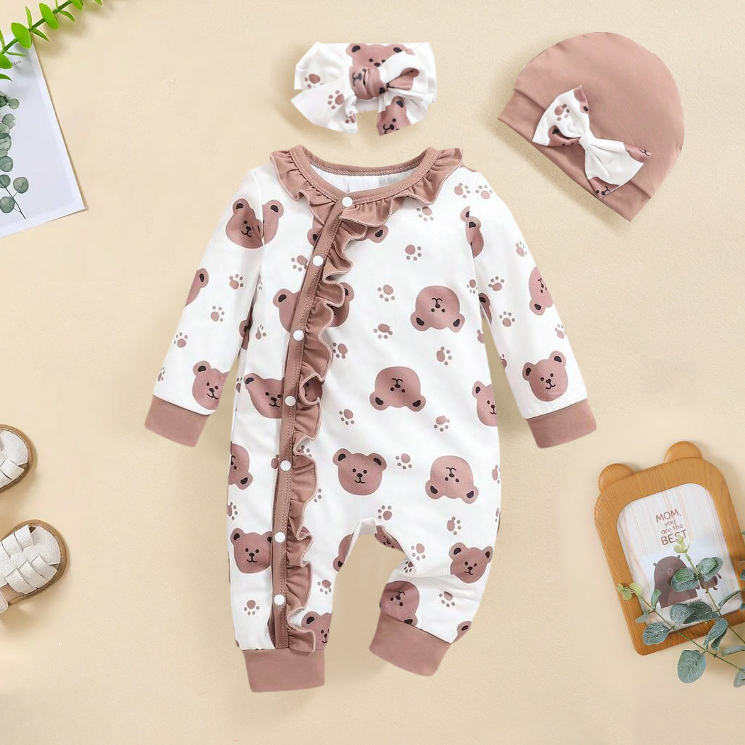 3PCS Cute Bear Printed Long Sleeve Ruffle Baby Jumpsuit