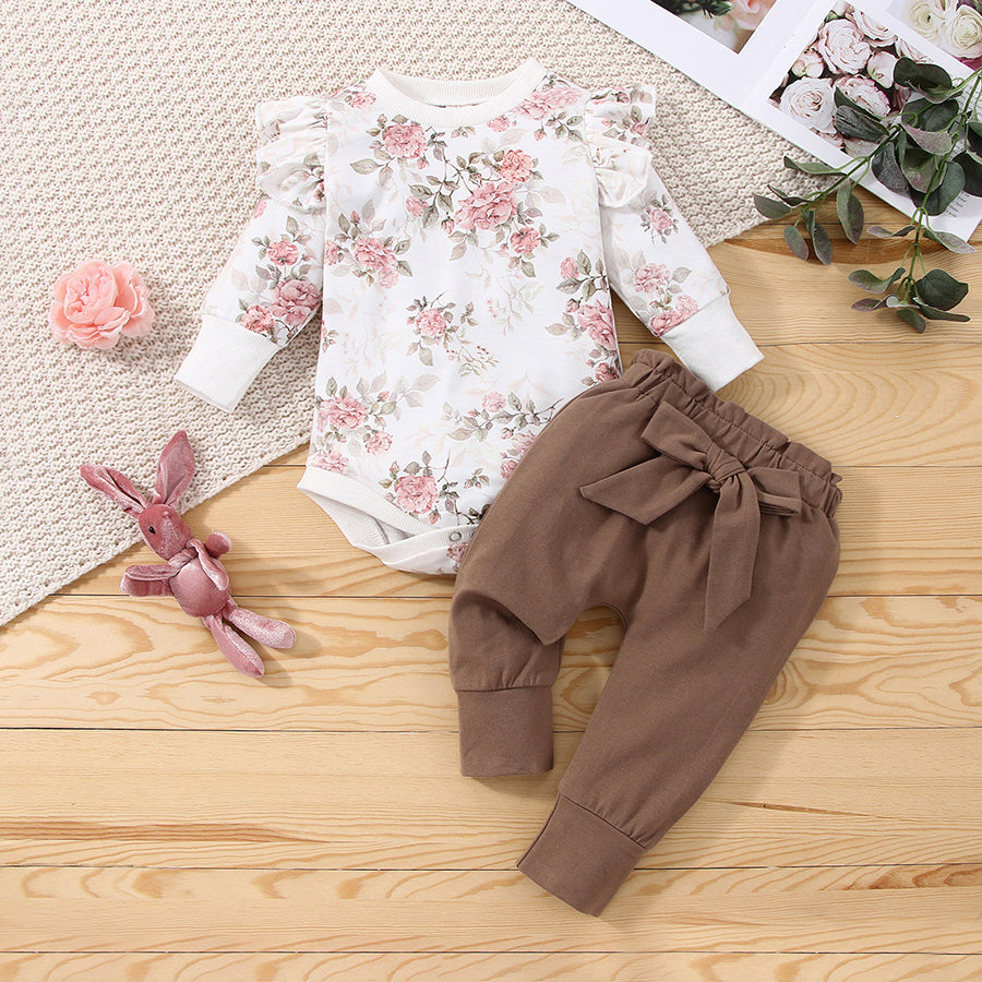 2PCS Stylish Floral Printed Ruffled Long Sleeve Baby Set