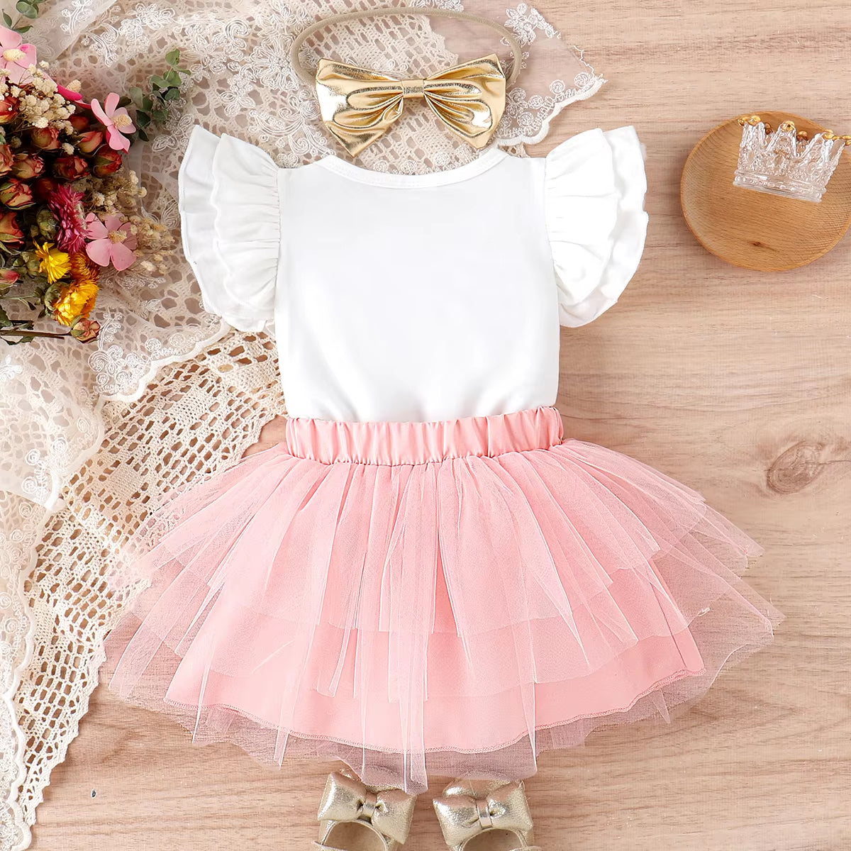 3PCS I Got It From My Mama Letter Print Flounce Sleeve Baby Set