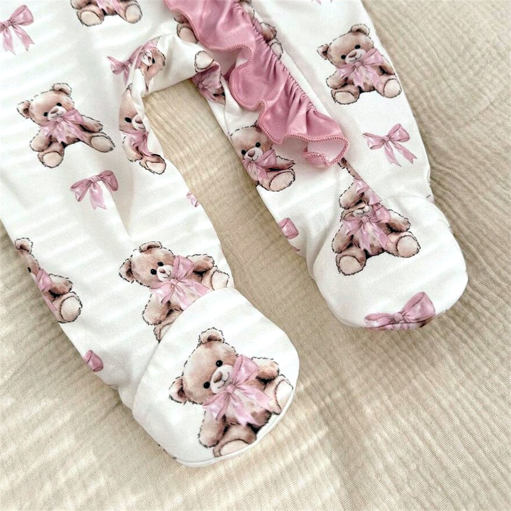 2PCS Cute Bear Printed Long Sleeve Frill Trim Zip Baby Jumpsuit