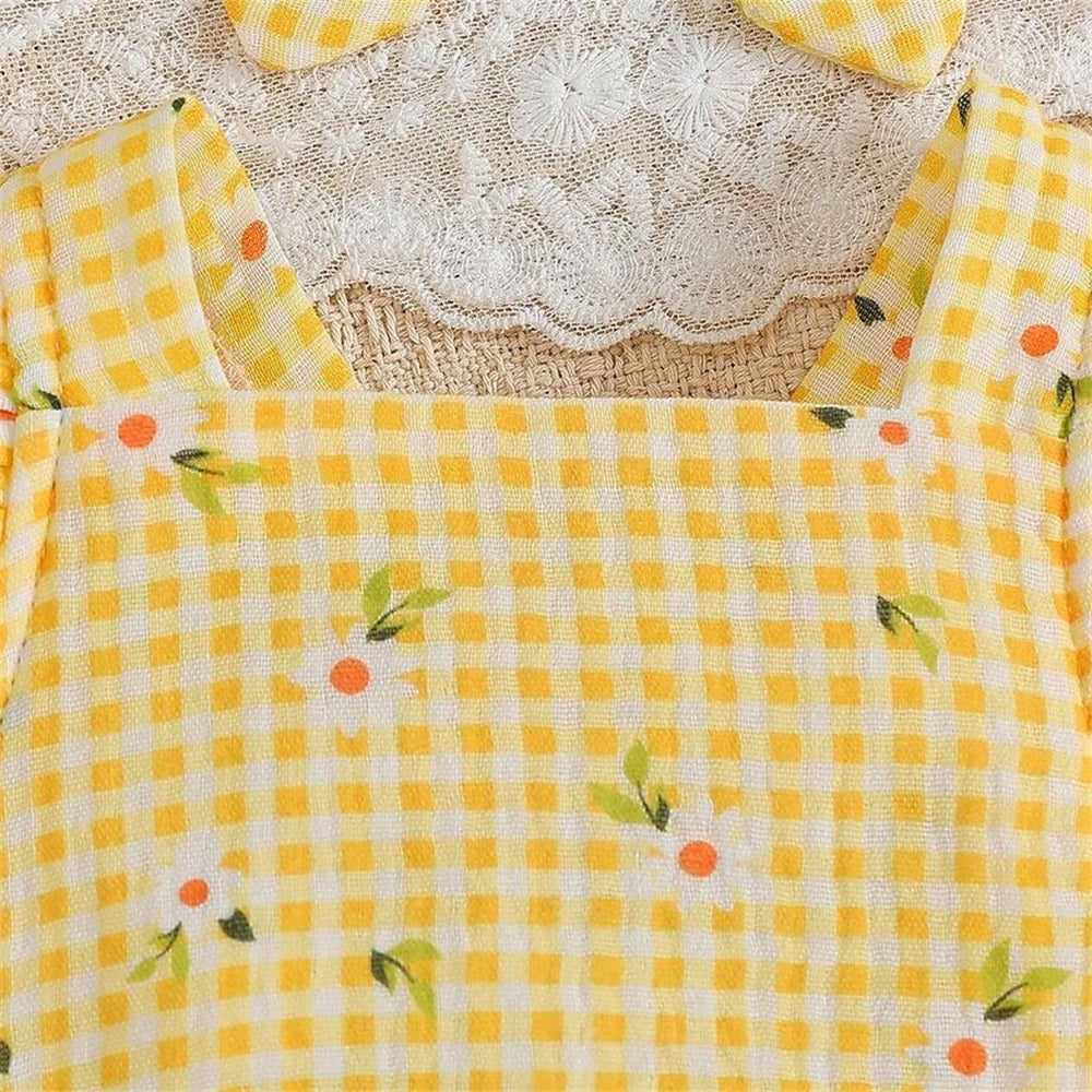 2PCS Cute Floral Printed Plaid Flounce Sleeve  Baby Romper
