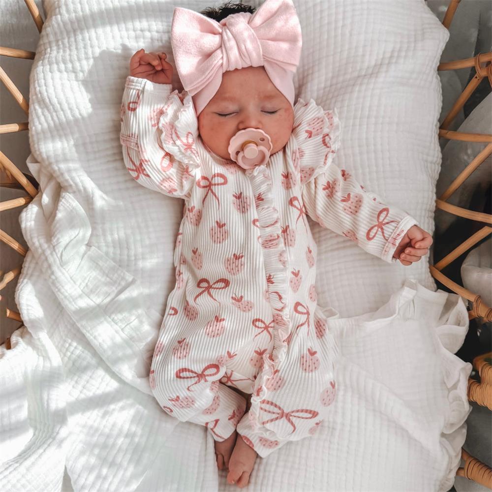 Strawberry and Bow Print Ruffle Long Sleeve Baby Jumpsuit