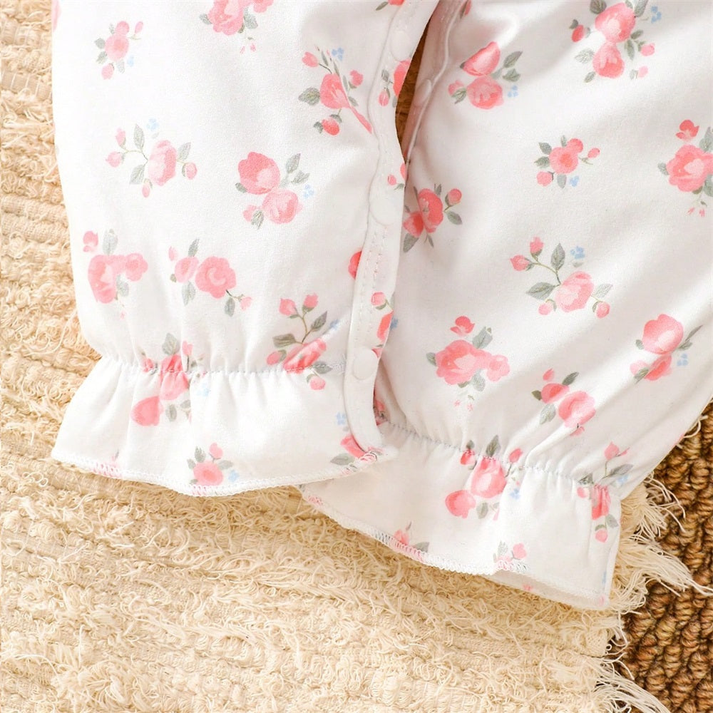 2PCS Sweet Floral Print Bow Decoration Baby Jumpsuit