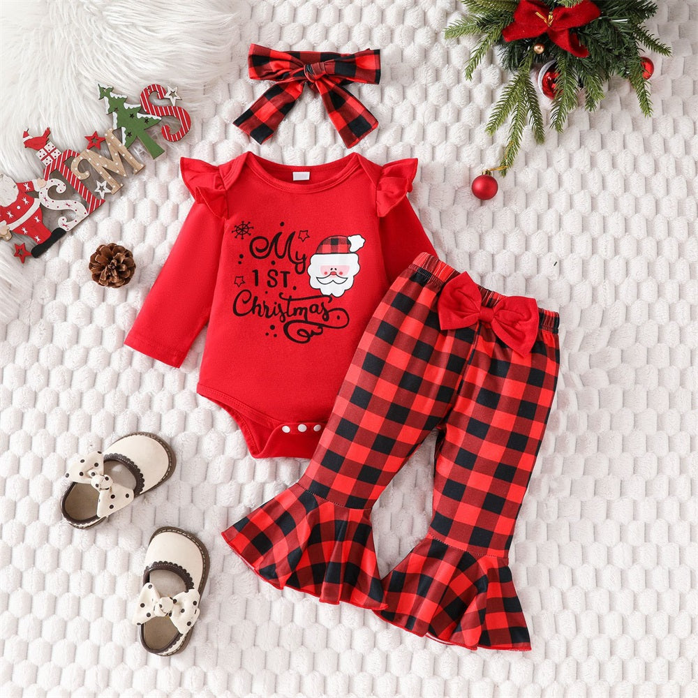 3PCS My 1st Christmas Letter Print Plaid Long Sleeve Baby Set