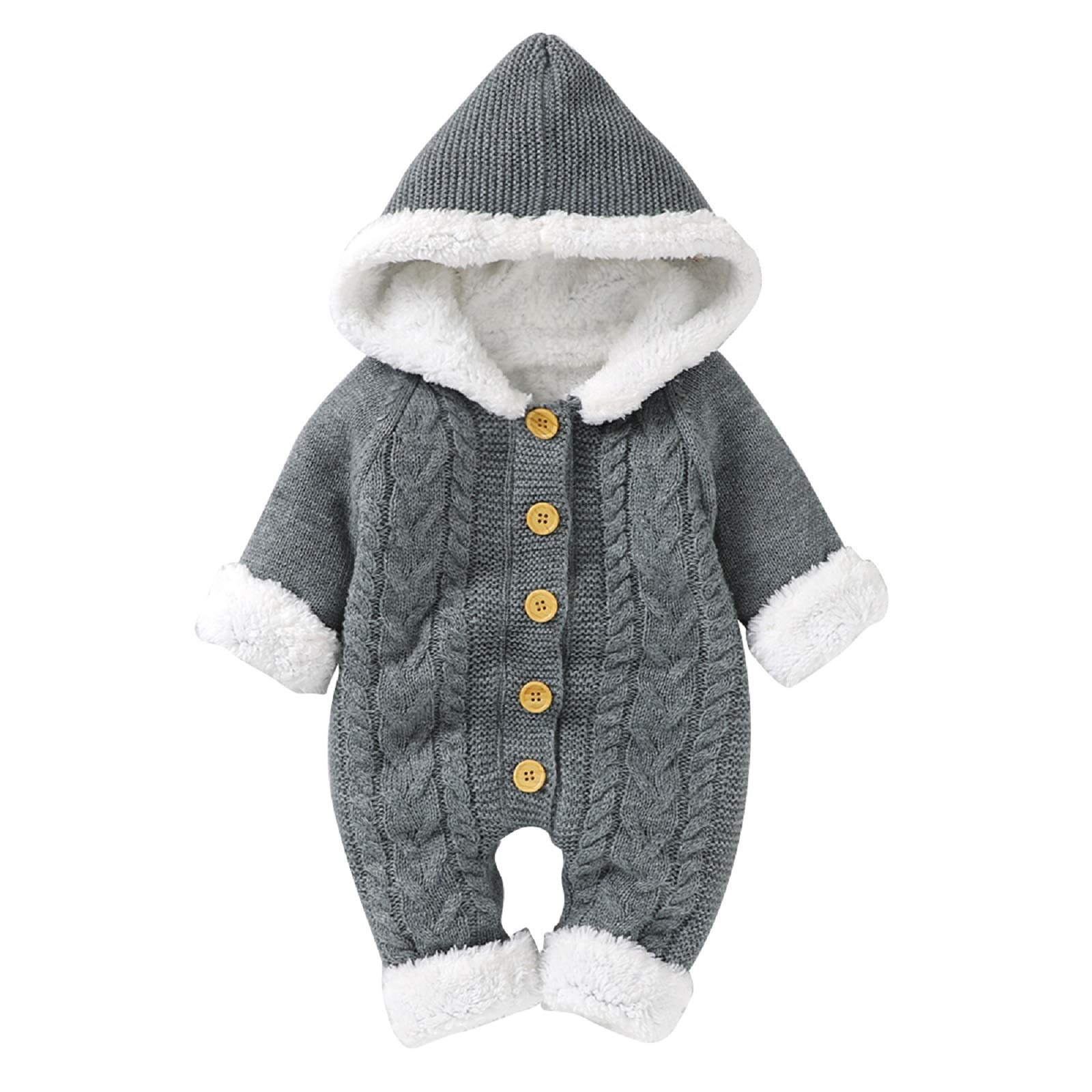 Cozy Solid Color Knitted Plush Hooded Baby Jumpsuit