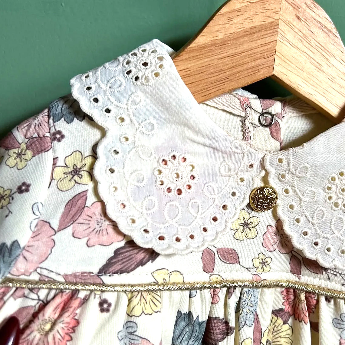2PCS Pastoral Floral Print Scalloped Lace Yoke Long Sleeve Girl Jumpsuit