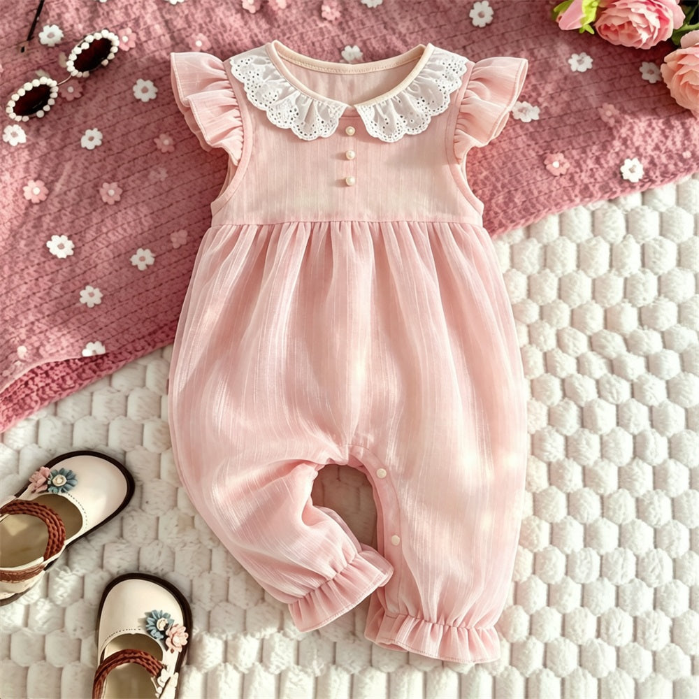 Sweet Lace Solid Color Flutter Sleeve Mesh Baby Jumpsuit