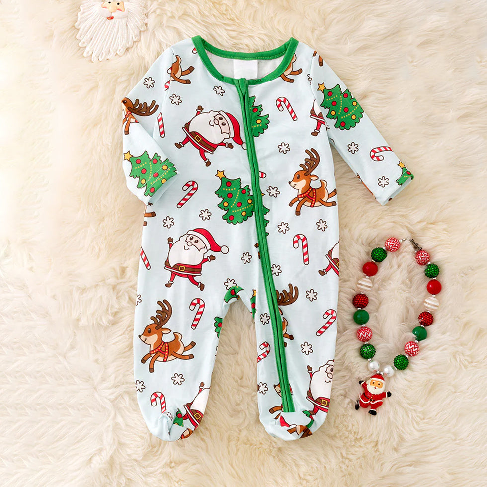 Cute Christmas Elk Santa Claus Printed Zipper Baby Jumpsuit