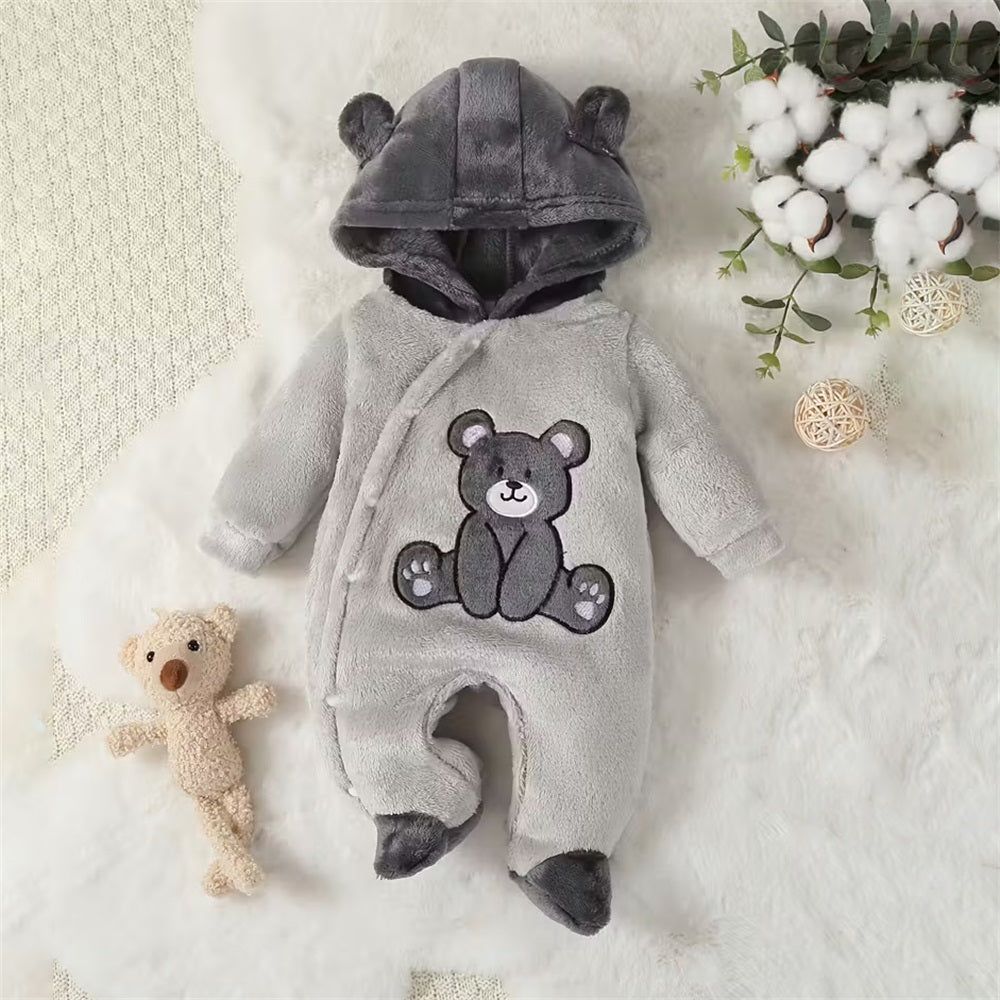 Warm Plush Bear Print Long Sleeve Baby Hooded Jumpsuit