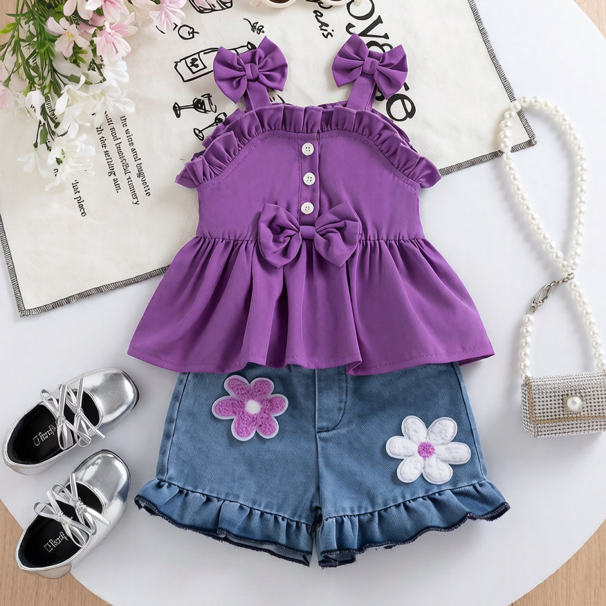 2PCS Floral Appliqué Color Blocking Denim Baby Set