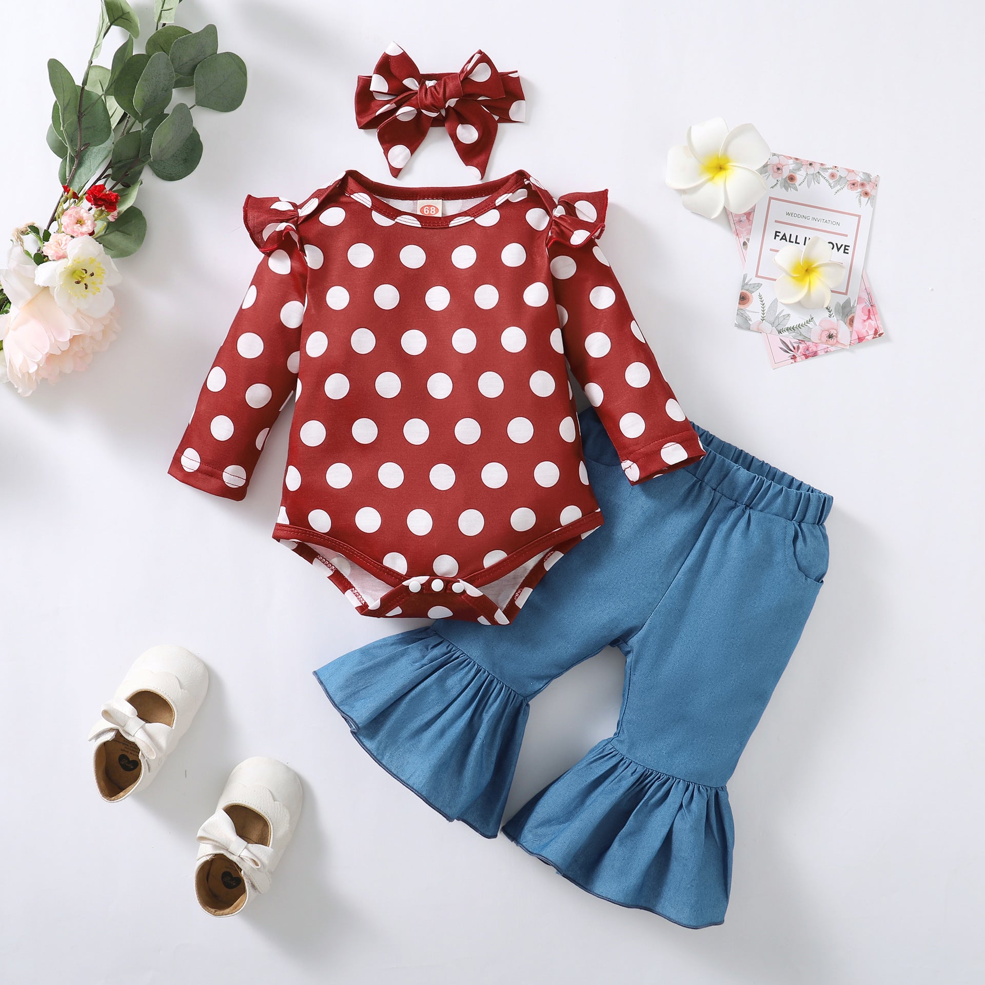 3PCS Stylish Polka Dots Printed Long Sleeve Baby Set