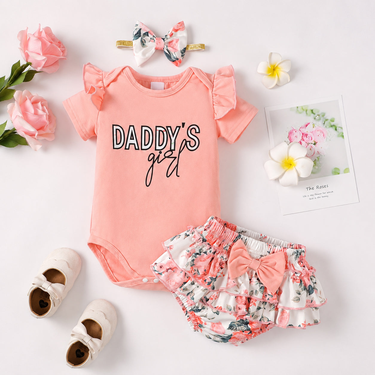 3PCS Daddy's Girl Letter Floral Printed Short Sleeve Baby Set