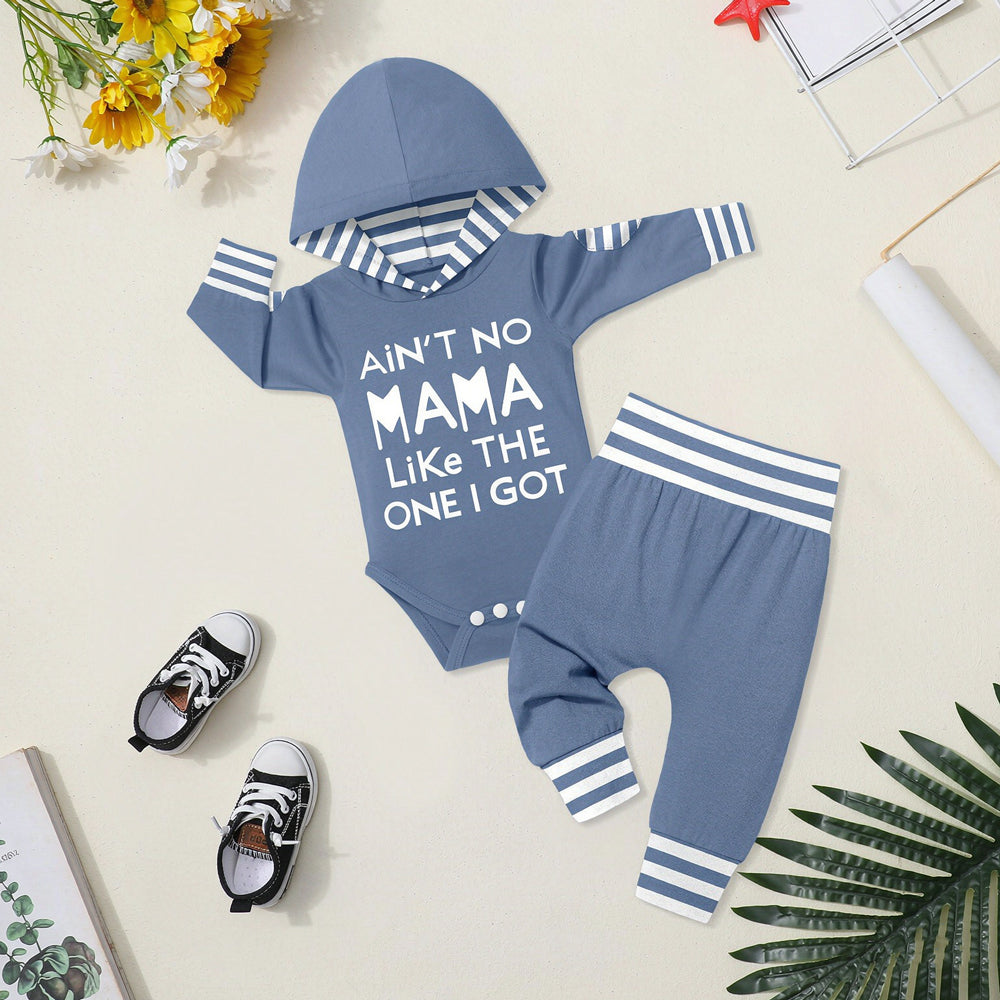 2PCS Ain't No Mama Letter Stripe Printed Long Sleeve Baby Hooded Set