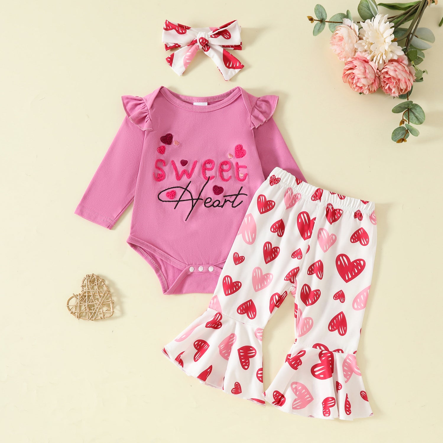 3PCS Embroidered Letter & Heart Print Long Sleeve Baby Set