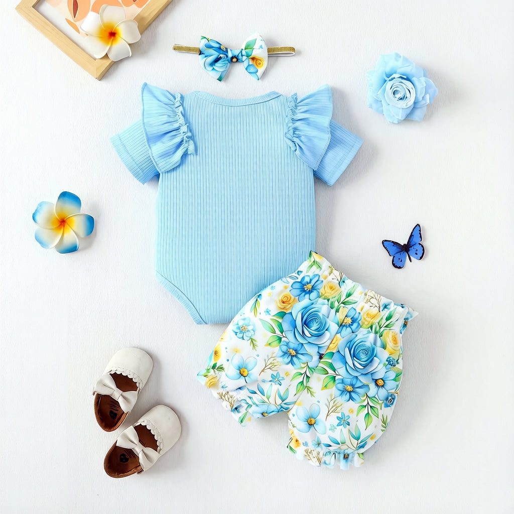 3PCS Chic Floral Printed Short Sleeve Baby Set