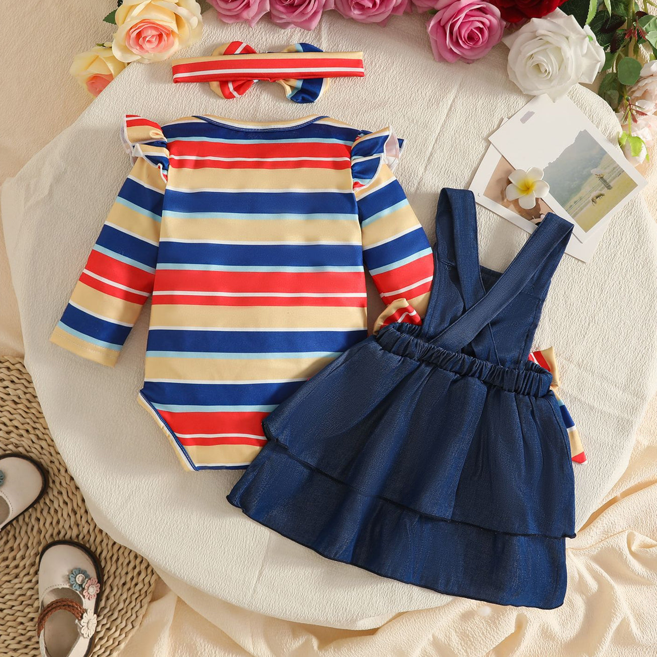 3PCS Chic Color-Block Stripe Print Denim Long Sleeve Baby Set