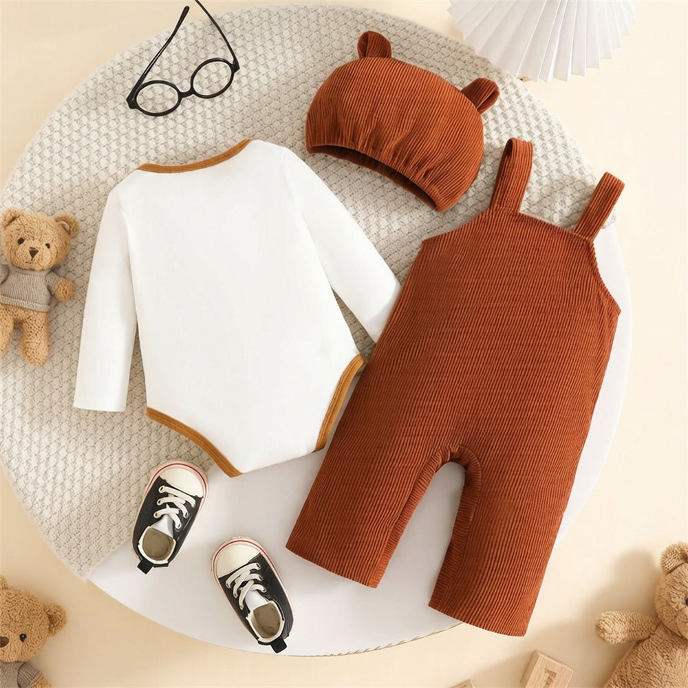 3PCS Adorable Bear Paw Print Long Sleeve Baby Overalls Set