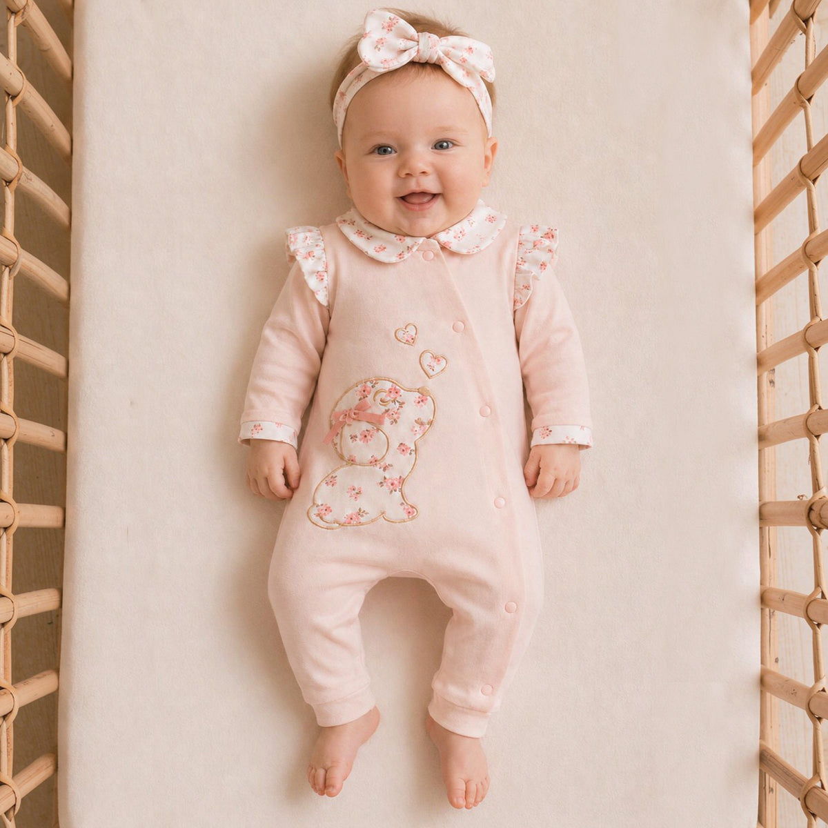 2PCS Cute Puppy Embroidery Floral Printed Long Sleeve Baby Jumpsuit