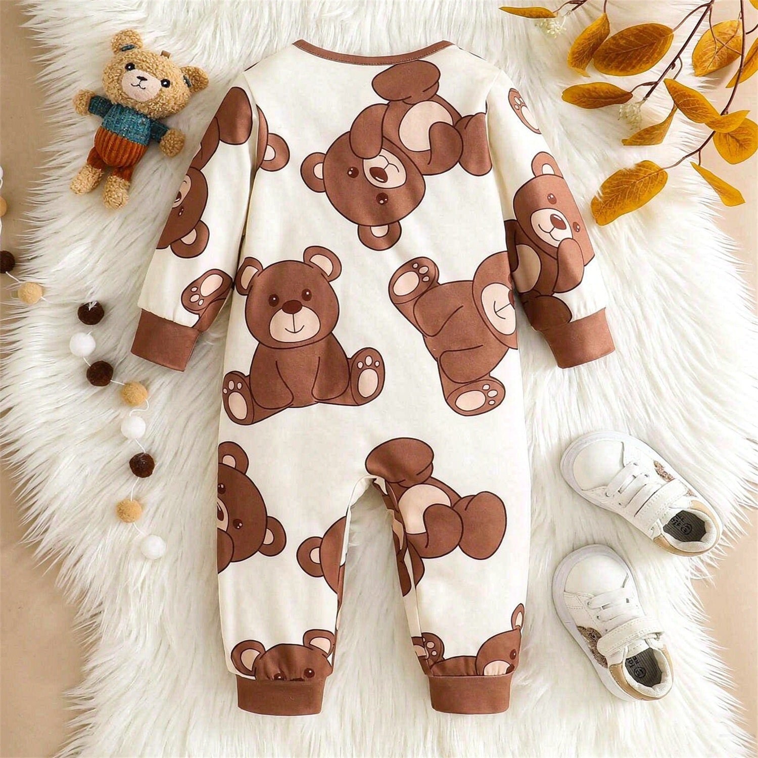 Lovely Teddy Bear Print Zipper Long Sleeve Baby Jumpsuit