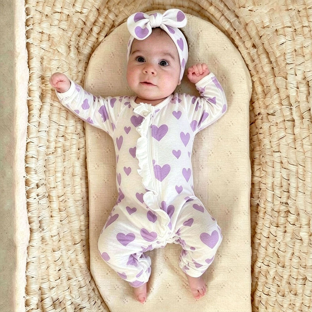 2PCS Pretty Heart Printed Long Sleeve Zipper Baby Girl Jumpsuit