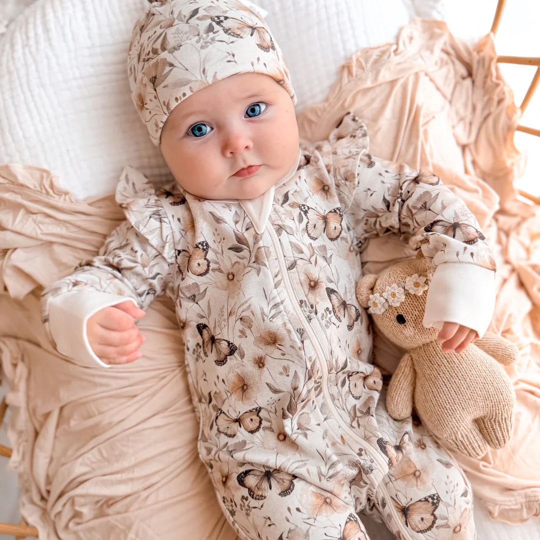 Sweet Butterfly Floral Print Long Sleeve Zipper Baby Jumpsuit