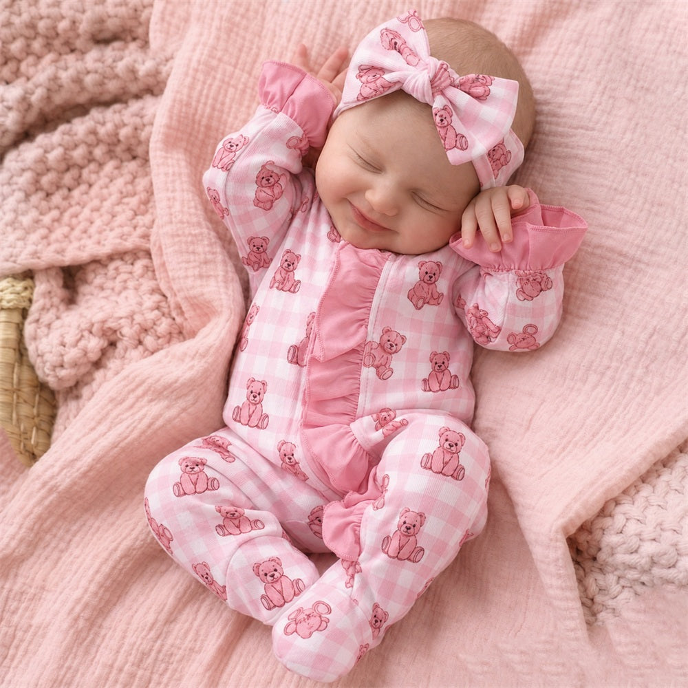 2PCS Lovely Bear Plaid Print Ruffle Zipper Baby Jumpsuit