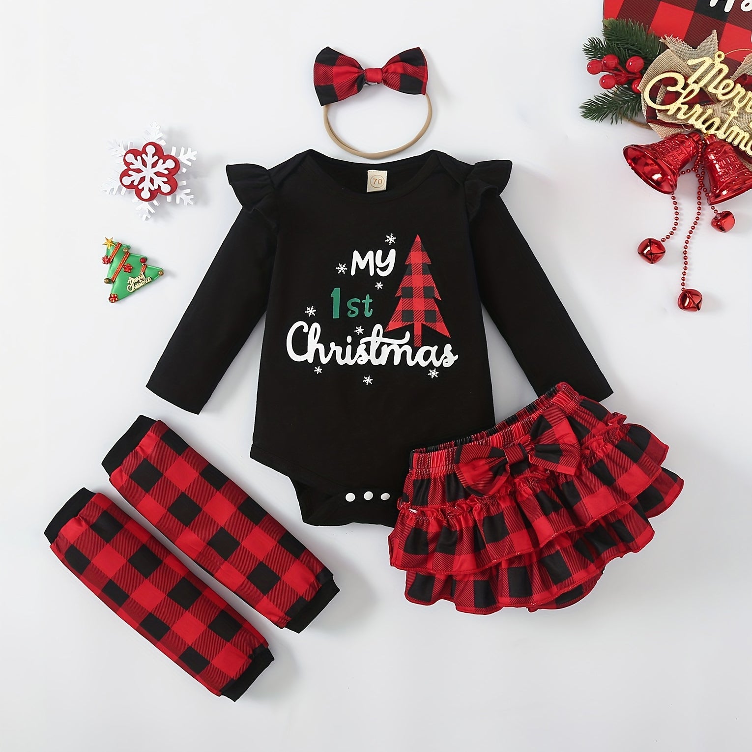 4PCS My 1st Christmas Letter Plaid Printed Long Sleeve Baby Set