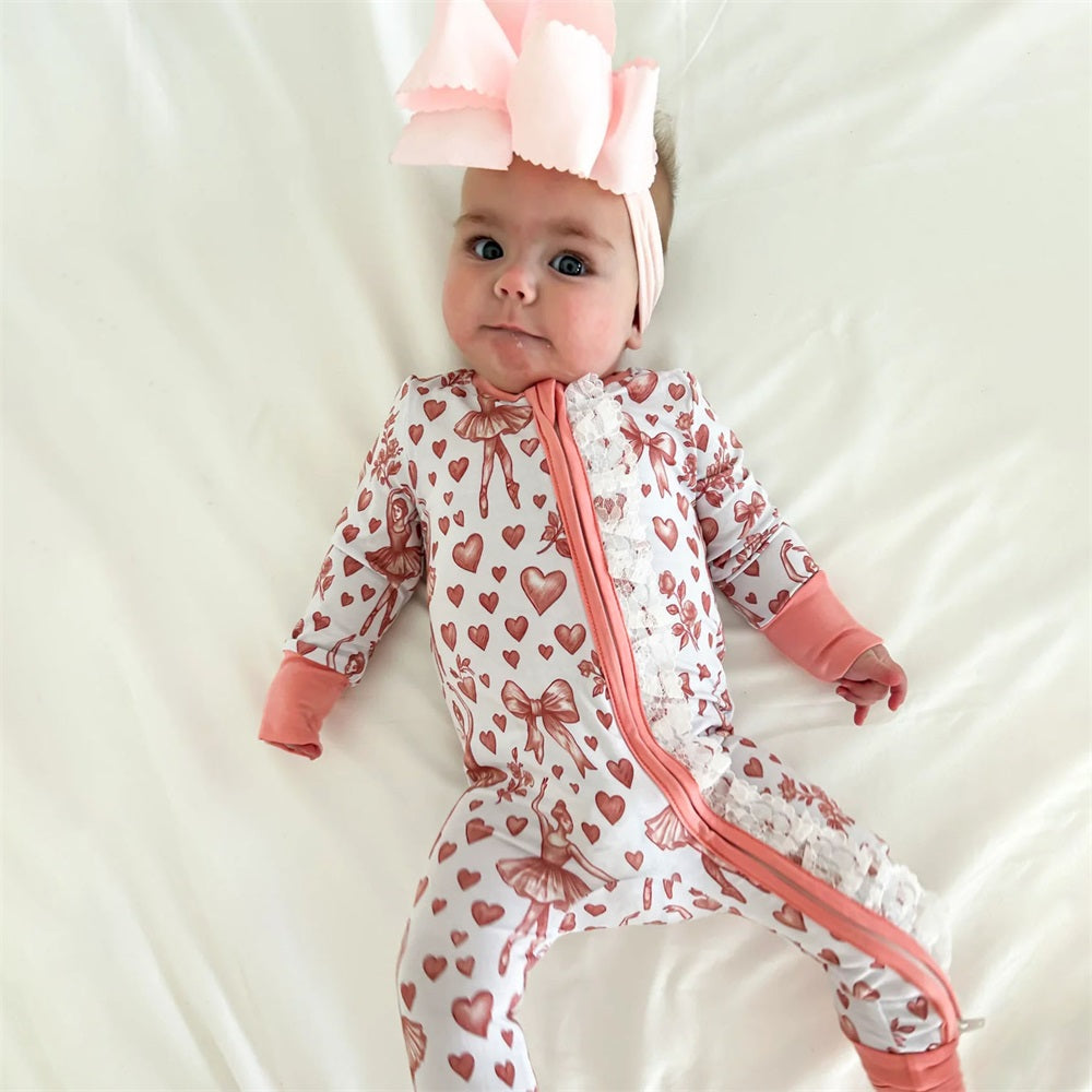 Casual Heart Ballerina Print Lace Trim Long Sleeve Baby Jumpsuit