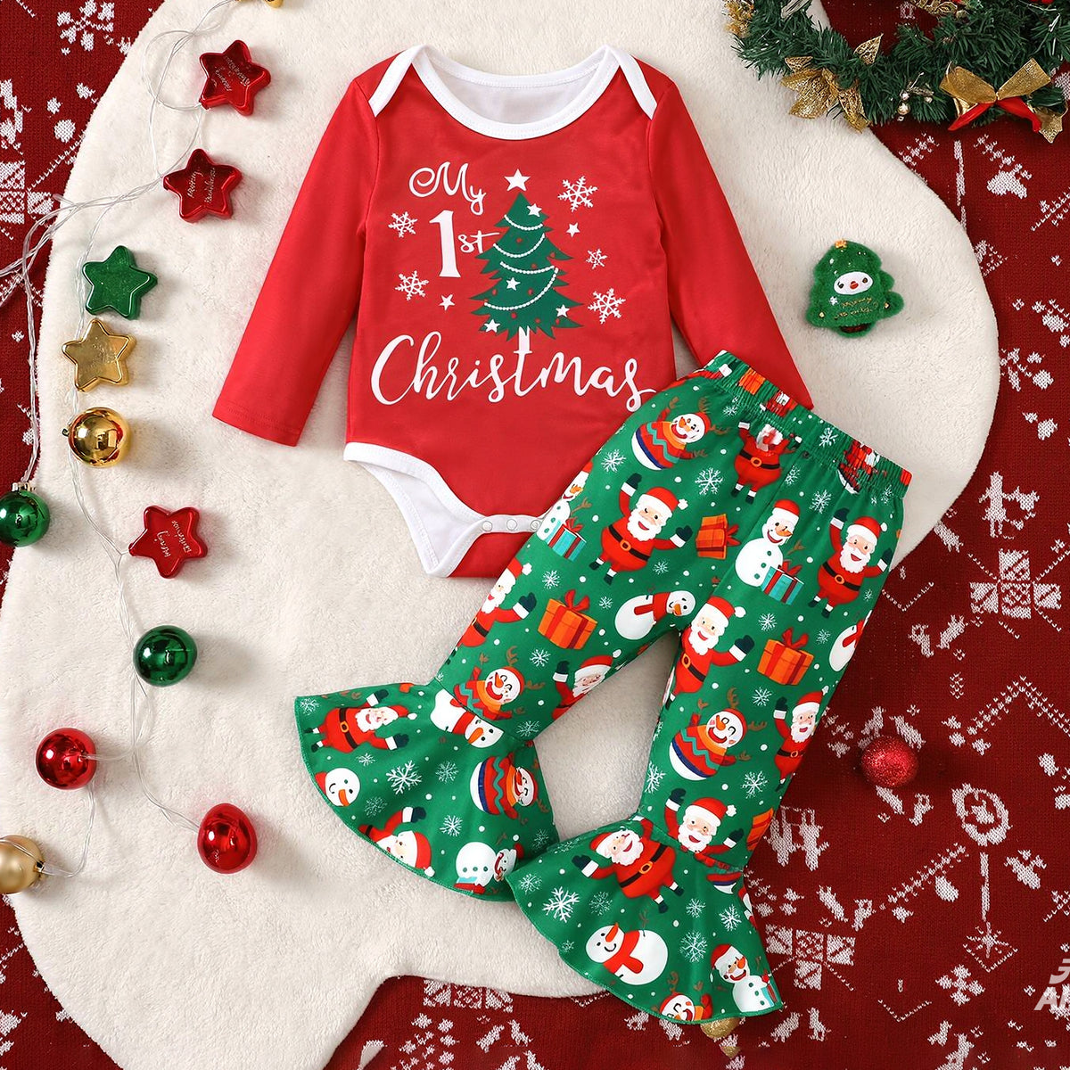 2PCS Sweet My 1st Christmas Letter Holiday Print Baby Girl Set