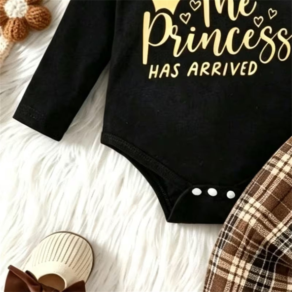 2PCS The Princess Has Arrived Letter Plaid Print Long Sleeve Set