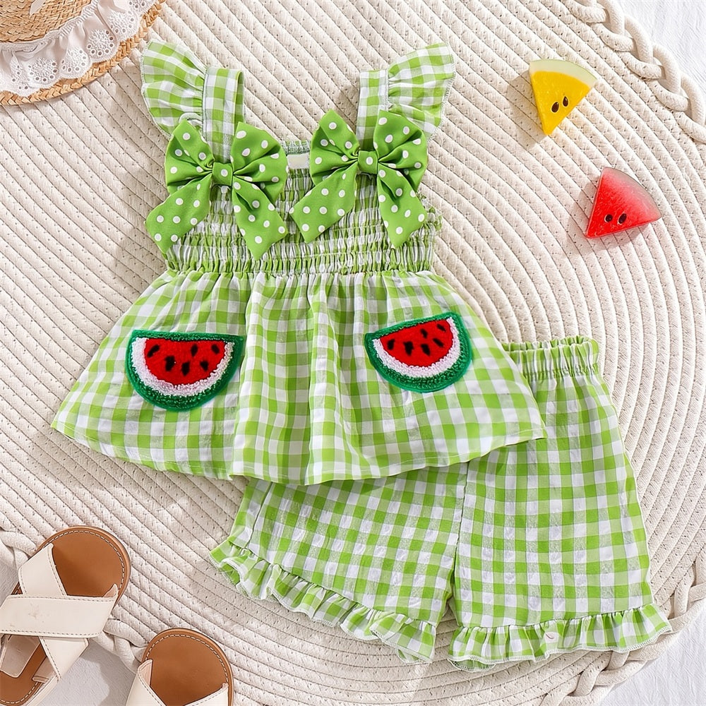 2PCS Watermelon Appliqué Plaid Print Flutter Sleeve Baby Set