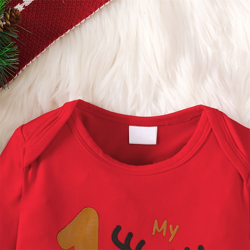 3PCS My 1st Christmas Letter Wapiti Print Long Sleeve Baby Set